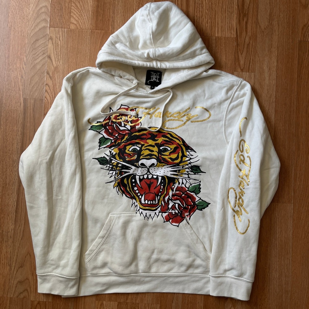 Ed Hardy Tiger Rose Hoodie White Gold Foil Graphic Pullover Sweatshirt XL
